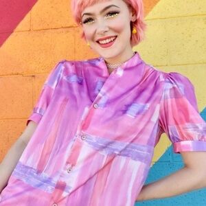 60s / 70s blouse. Pink and Purple pastel Watercolor geometric button up